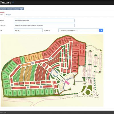 Per ogni cimitero è possibile inserire una mappa catastale ed in modo molto intuitivo e semplice è possibile ricreare sulla mappa la struttura del cimitero ed assegnare posizioni ed allestimenti cimiteriali, liberi oppure occupati. Una tabella a fianco indicherà le posizioni libere e quando quelle occupate si libereranno.